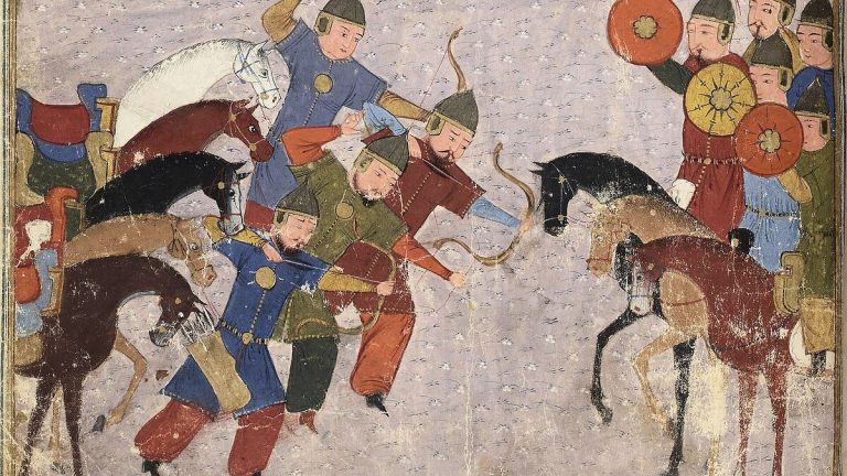 페르시아 채색 필사본 『집사(Jami' al-tawarikh)』에 실린 몽골 기병의 전투 장면 세밀화