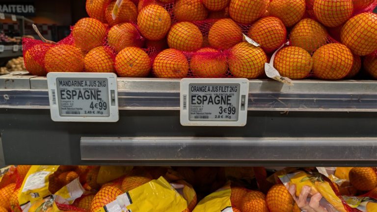 프랑스 슈퍼마켓 과일 매대에 붙은 전자 종이 가격표 두 개와 그물망에 담긴 오렌지와 만다린